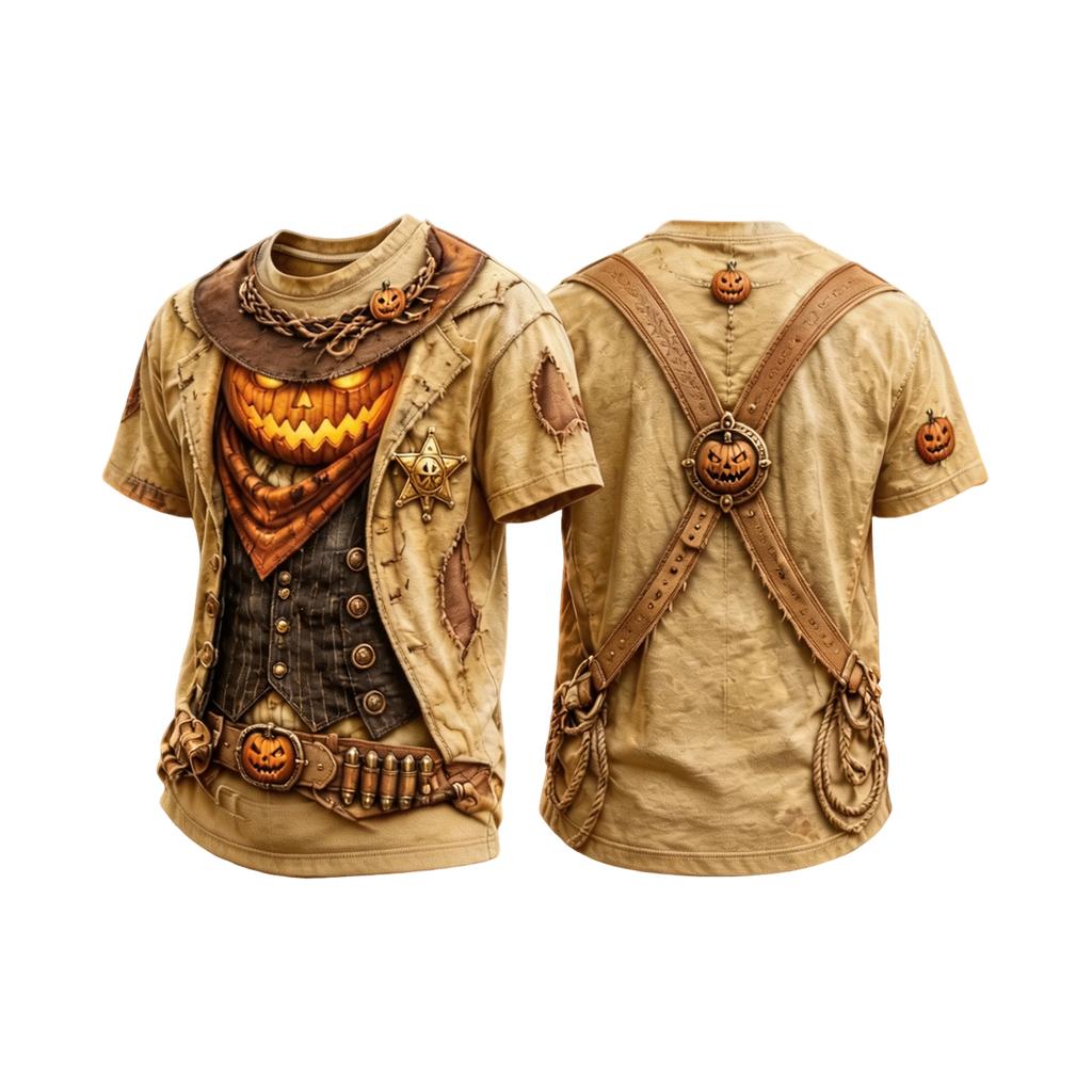 Halloween Pumpkin Sheriff Graphic T-Shirt for Western Theme, Short Sleeve