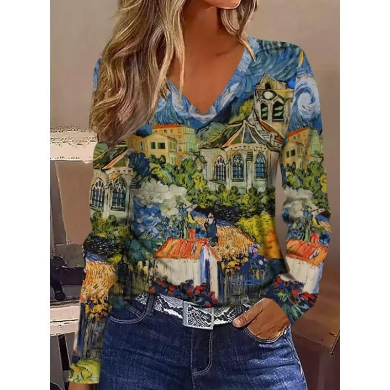 Vintage Women's T-Shirt Floral Graphic Plants Elegant Fashion Tee Long Sleeve T-shirts V-Neck Regular Tops Pullover Fall Winter