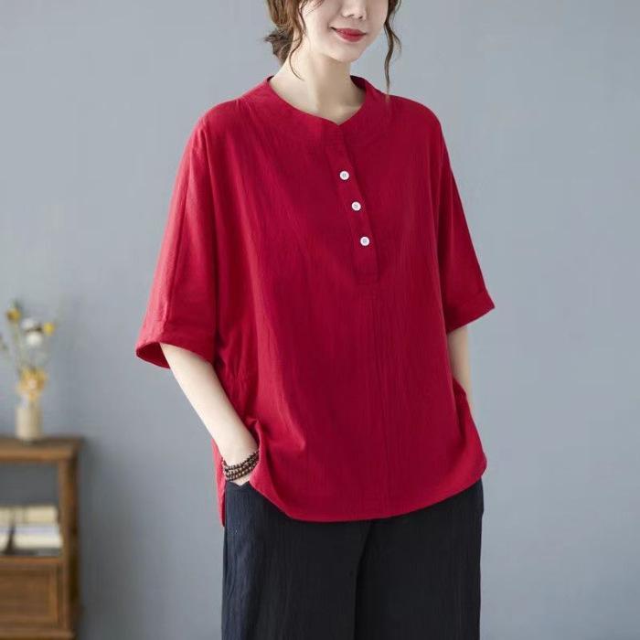 Plus Size Cotton Linen Chic Casual Sports Suit with Five-Point Sleeves