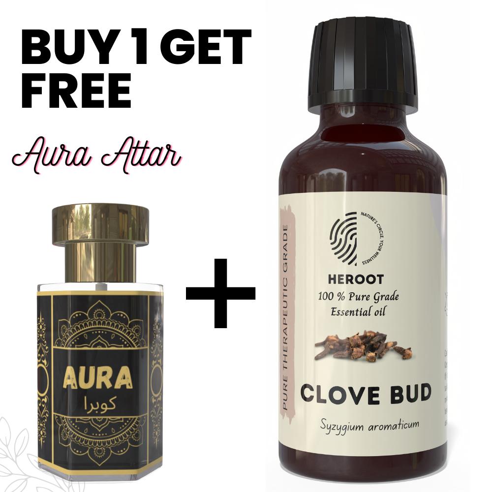 Clove Bud Essential Oil 10ml for Aromatherapy & Home Fragrance Get 1 Free 6 Ml Attar – Aqua AQ, Dubai Oud, Aura, White Oud