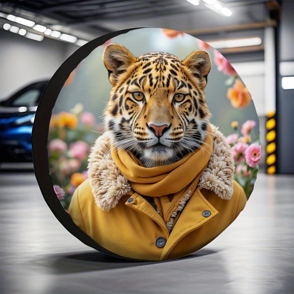 2D Flat, 1pc Leopard Print Tire Cover With Coat & Scarf Design - 2D Flat Polyester Auto Tire Decor, Fit For Most Vehicles, Hallo