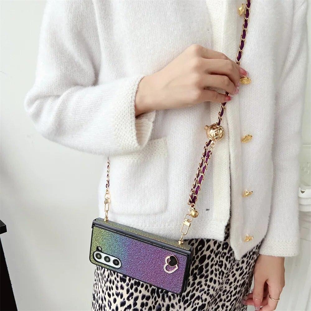 Husă de telefon cu sclipici colorată, cu lanț de șnur, pentru Samsung Galaxy Z Fold 5 Fold4 Fold3 Z Flip5 Flip4 Flip3 Love Heart, husă subțire rezistentă la șocuri