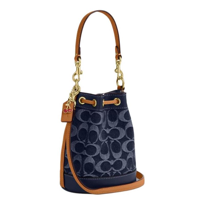 COACH Signature 14 Classic Signature Removable Shoulder Strap Fabric and Leather Bucket Bag Shoulder Crossbody Handbag Mini Women's Denim Blue
