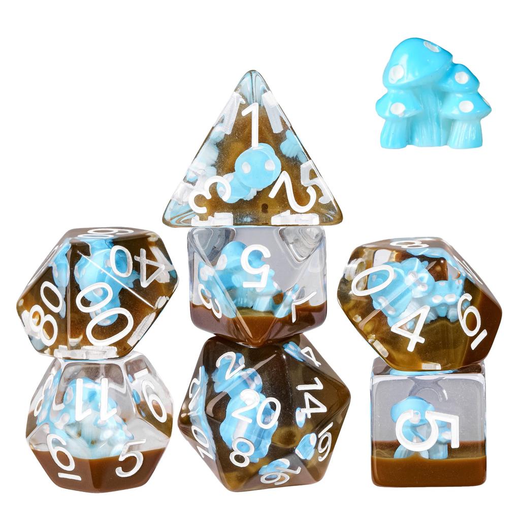 Cusdie Cute Mushroom Dice Set D&D 7Pcs D4 D6 D8 D10 D% D12 D20 DND Polyhedral Dice for Role Playing Game Table Games TRPG