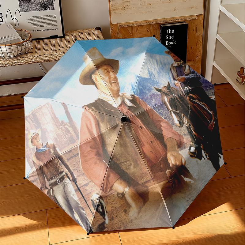 1pc John Wayne's Western Cowboy Trail Umbrella Portable Folding Umbrella Iron Frame Hole Bone Structure Outdoor Home Umbrella