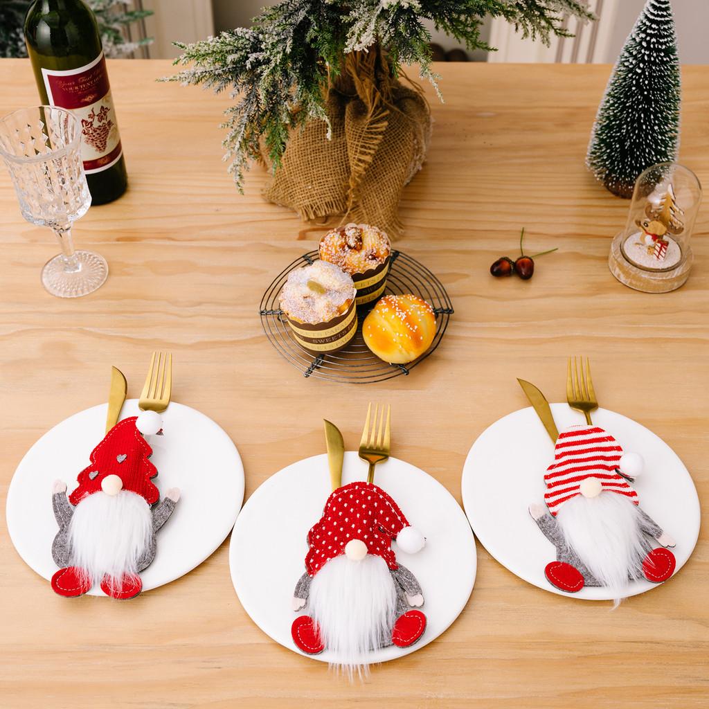Charming Fabric Christmas Gnome Cutlery Holder With Adorable Hat And Pom Poms