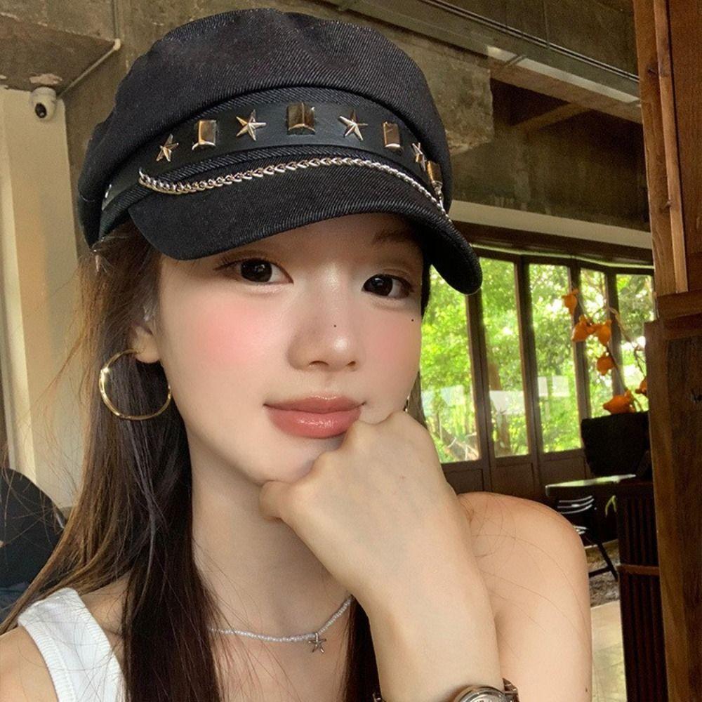 Cloth Rivet Denim Beret British Style Retro Painter Hat Retro Denim Octagonal Hat  Ladies