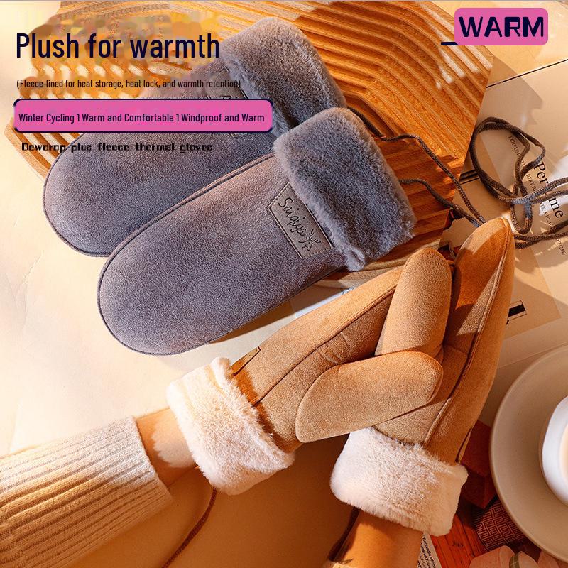 Women's Suede Winter Gloves, Warm and Windproof with Velvet and Hanging Neck Design.