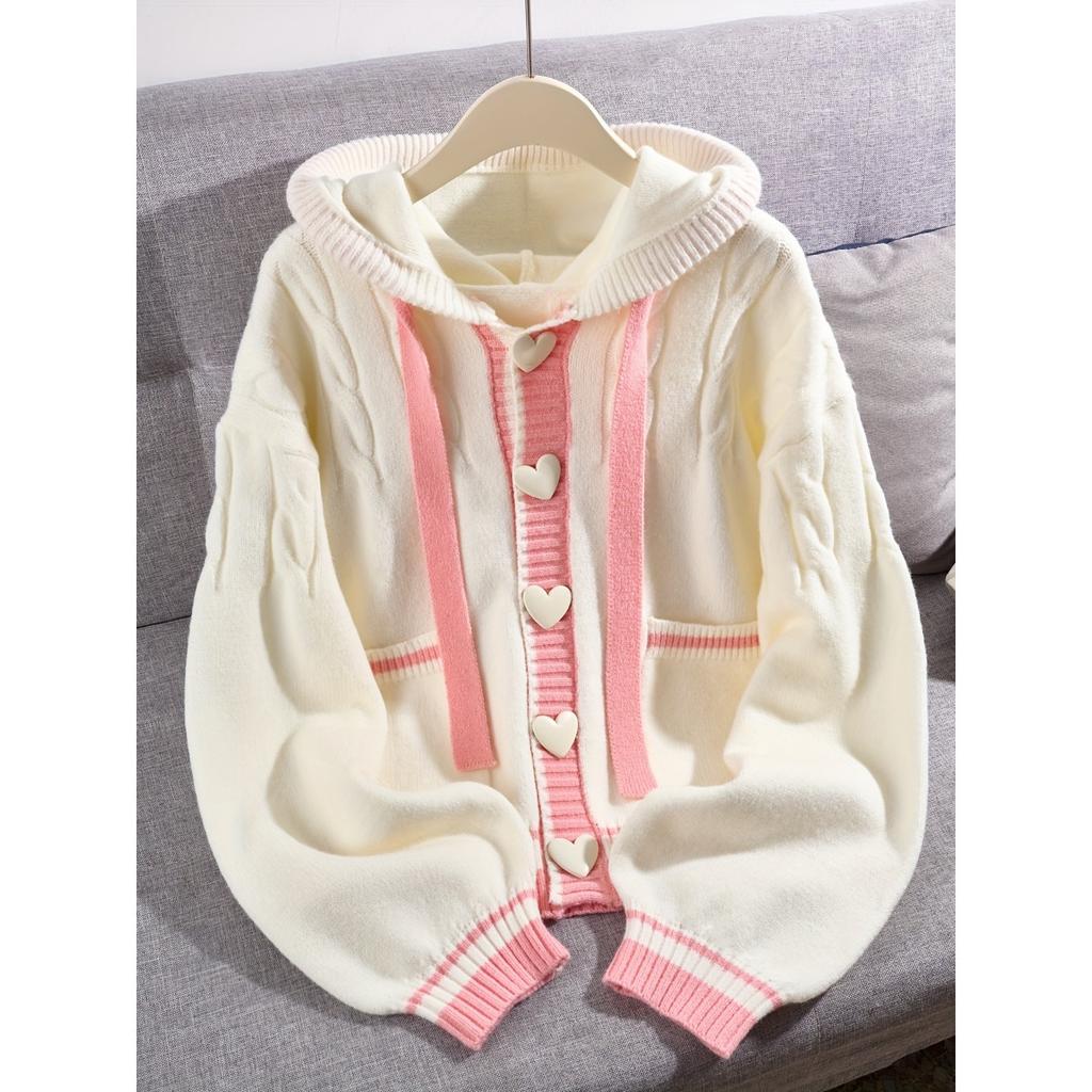 College Style Loose Fitting Hooded Cardigan for Spring and Autumn Wear, Fashionable Knitted Jacket for Women, Cardigan for Women