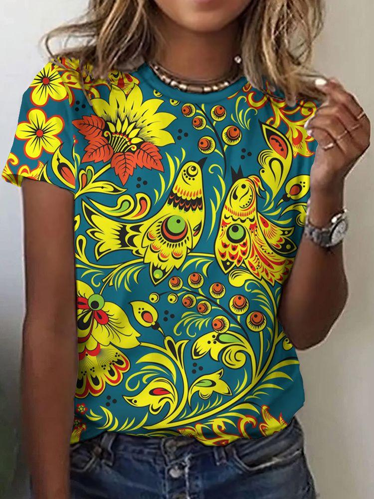 Summer Ethnic Floral 3D Print T-Shirts Women's Streetwear Round Neck Short Sleeve T Shirt Tees Harajuku Y2K Tops Female Clothing