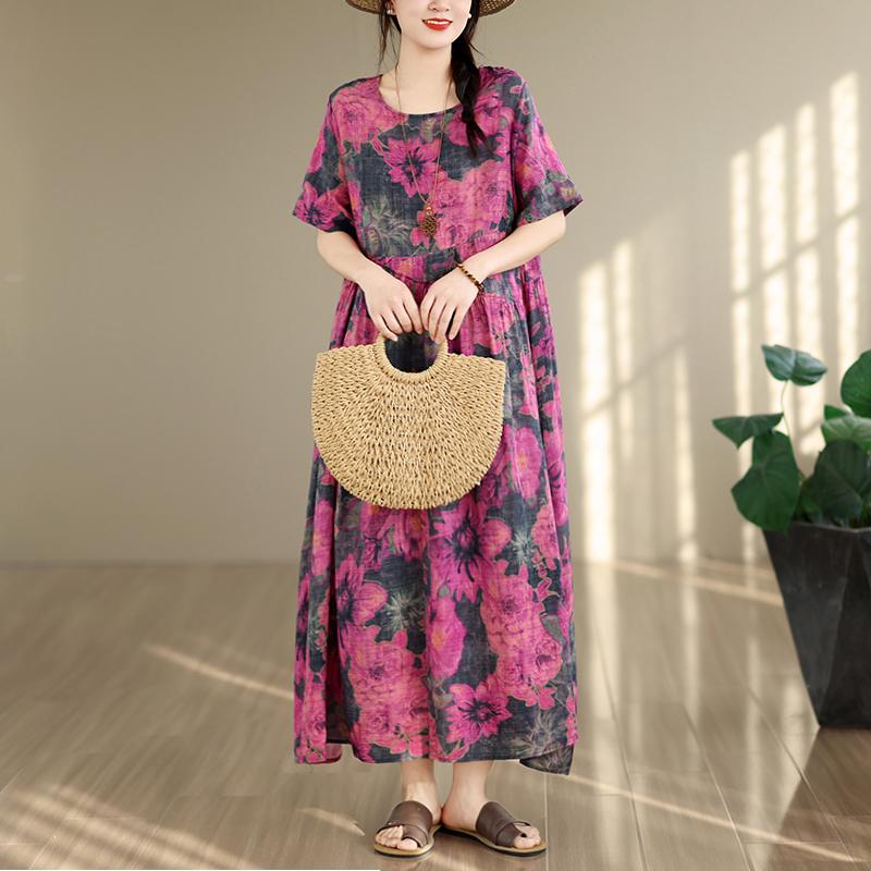 DIMANAF New 2026 Sundress Women Plus Size Summer Casual Print Long Dress Oversize Cotton Loose Maxi Floral Beach Holiday