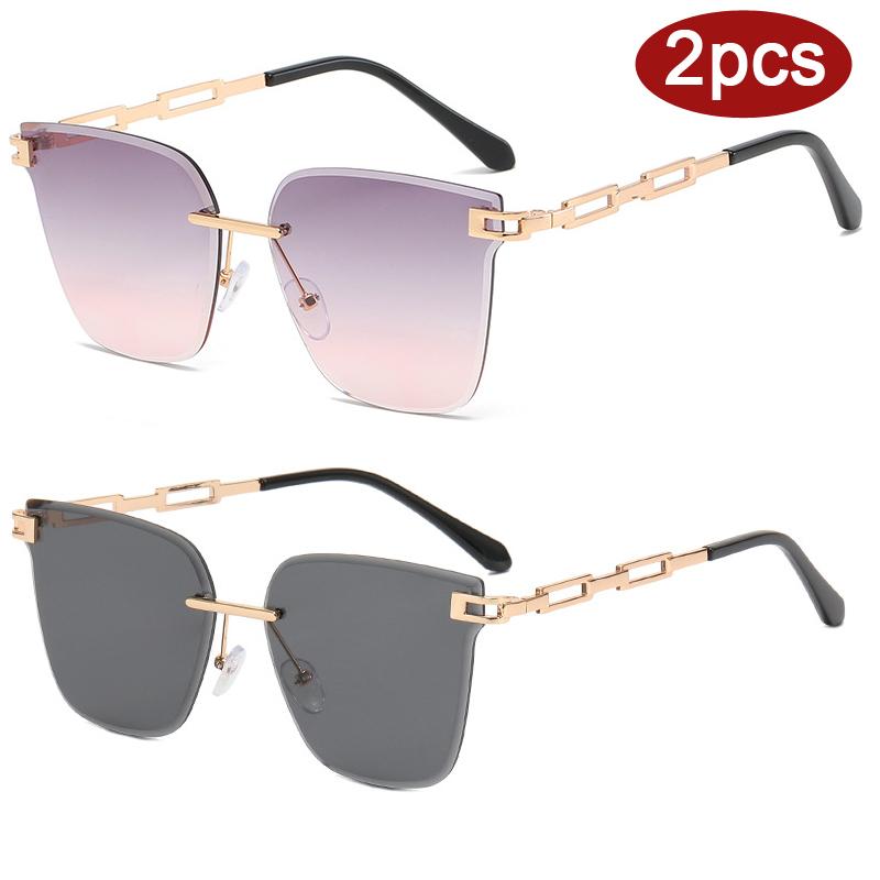 2pcs Fashion Rimless Large Cat Eye Sunglasses Women Gradient Brown Cutting Lens Sun Glasses For Female Alloy Eyeglasses UV400