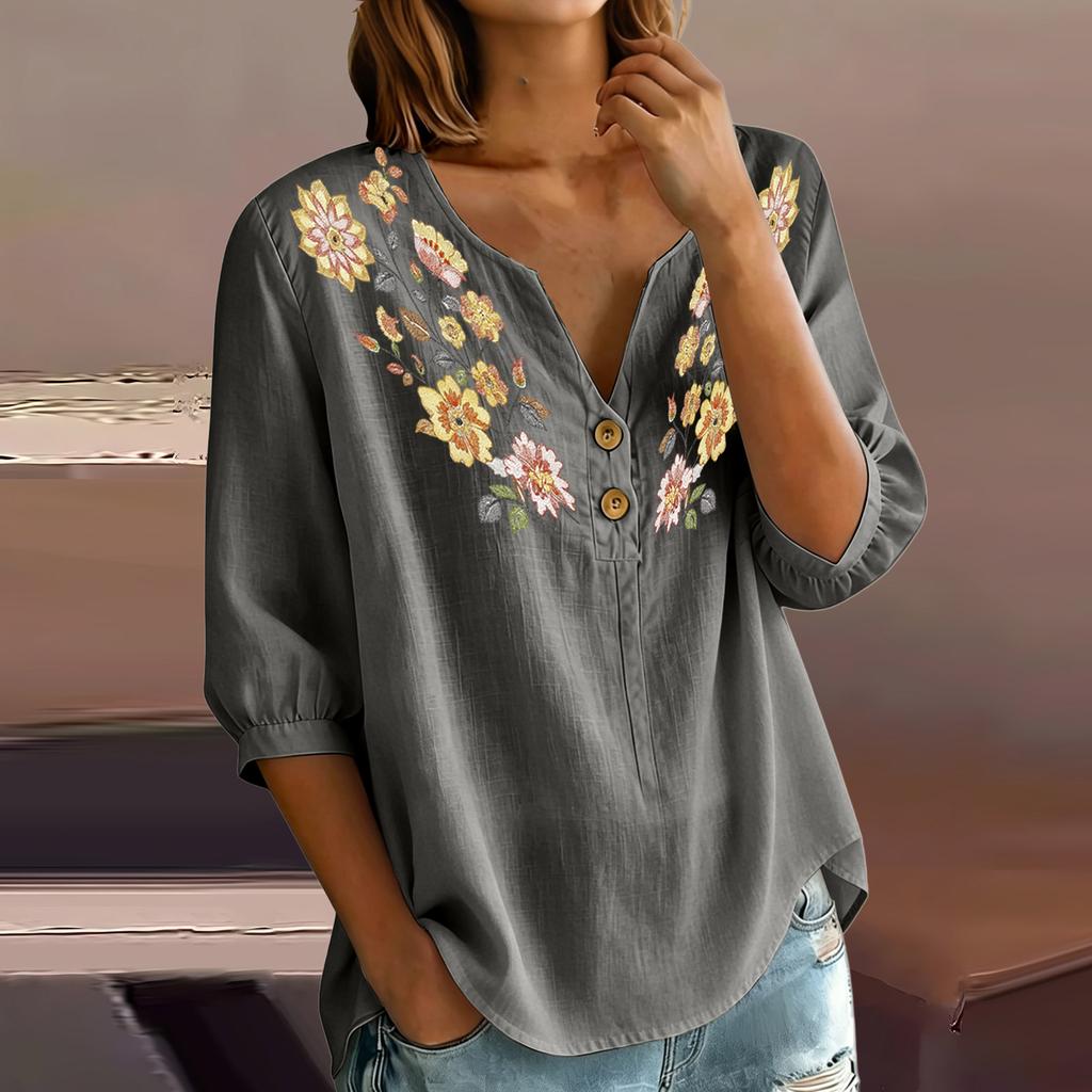 Women Floral Pattern Henley Neck Button Front Three Quarter Sleeve Linen Cotton Blend Shirt Casual Loose Fit Blouse