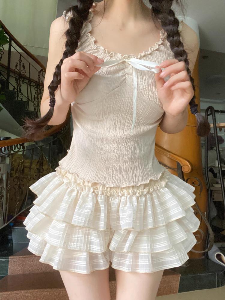 Kawaii Lolita Skjørt Shorts Kvinner Ruffle Patchwork Lagdelt Høy Midje Y2k Balletcore Miniskjørt Sommerfest Klubb