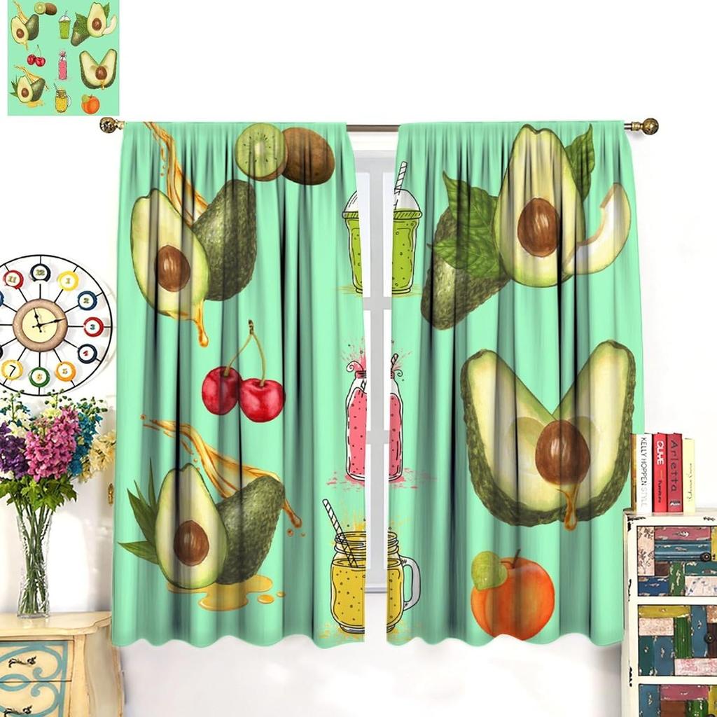 Watercolor Avocado Curtains - Summer Tropical Fruits Colorful Drink Patterns Window Treatment Room Darkening Blackout Curtains