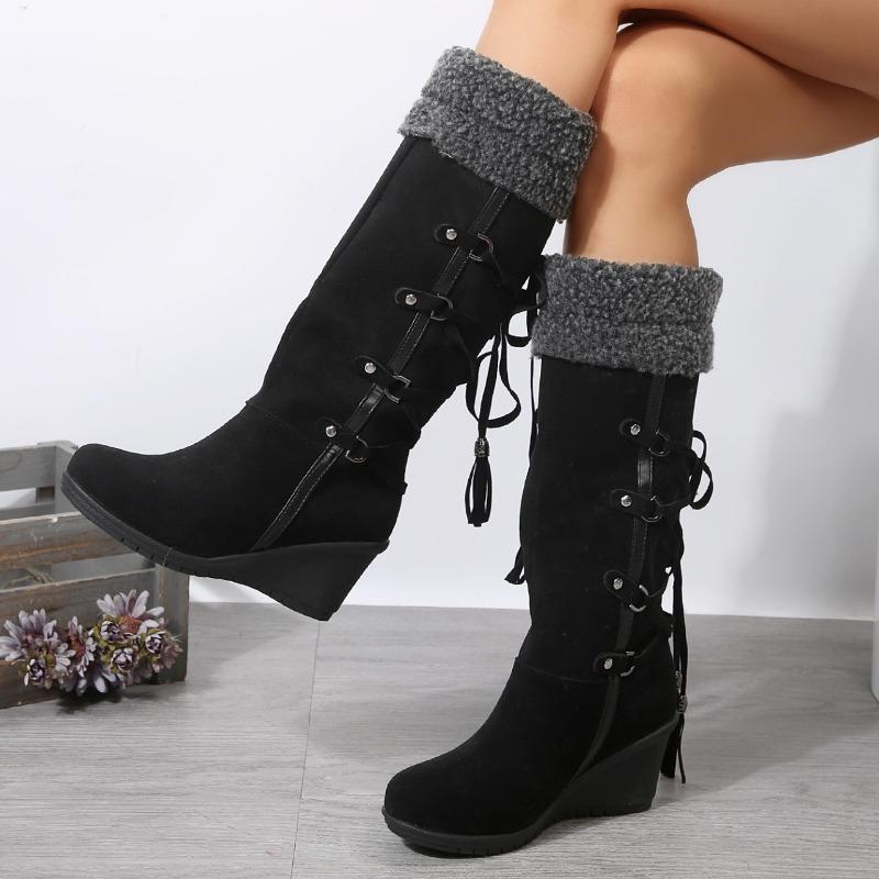 2025 Schneestiefel Damen Winterschuhe Warme Baumwollschuhe Kalter Winter Kniehohe Stiefel Damen Keilabsatzstiefel Übergröße 42