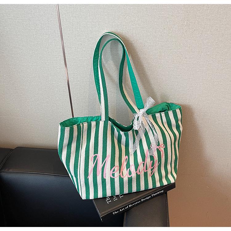 

Полосатая парусиновая сумка женская большой вместимости новая летняя повседневная универсальная на плечо сумка для покупок студенческая сумка зелёный