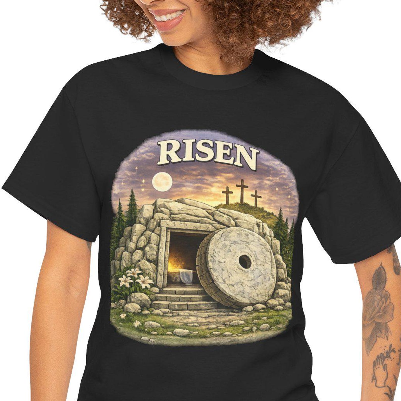 Risen Tomb Illustration T-Shirt | Easter Resurrection, Three Crosses S