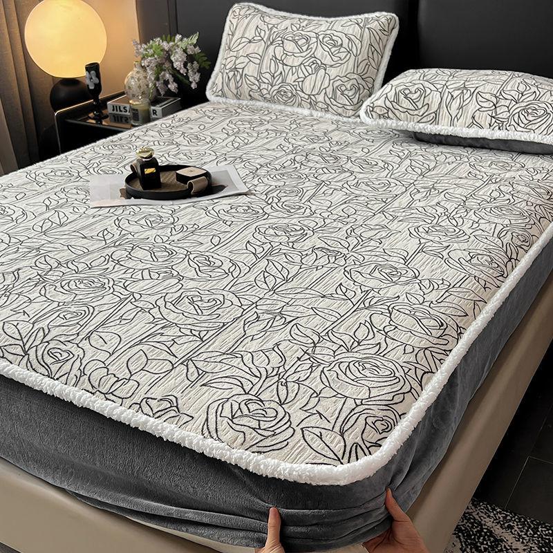 Home carved milk velvet fitted sheet single piece winter plus velvet mattress protector cover full cover bed