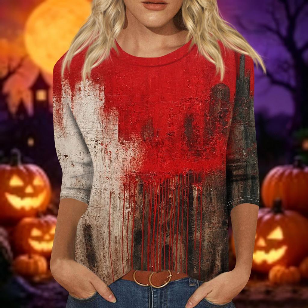 Women's Casual Halloween Print Top Three Quarter Sleeve Round Neck Pullover Shirt Lightweight Comfortable Fit for Everyday Wear