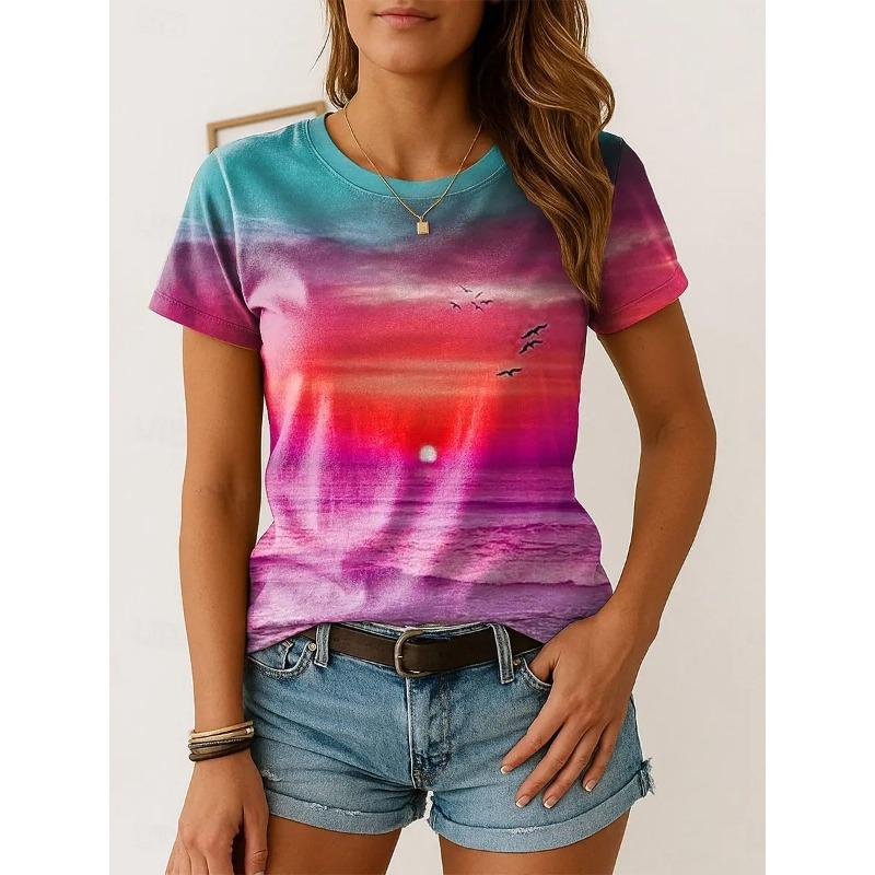 Summer Women's Color 3D Printed Crew Neck T-Shirt