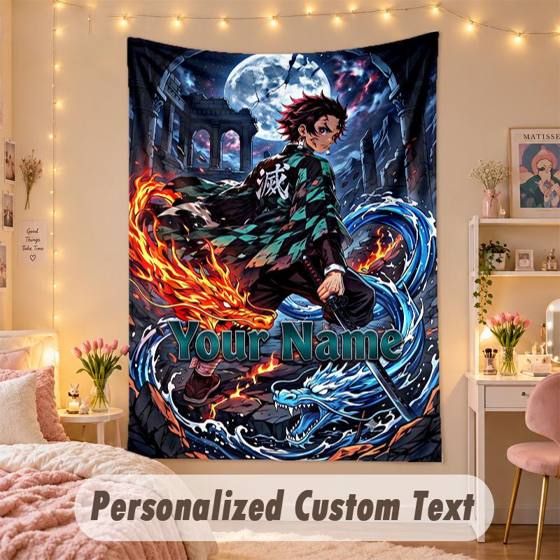 Custom Personalized Tapestry,Demon Slayer Print Custom Name Text Wall Art Hanging for Bedroom