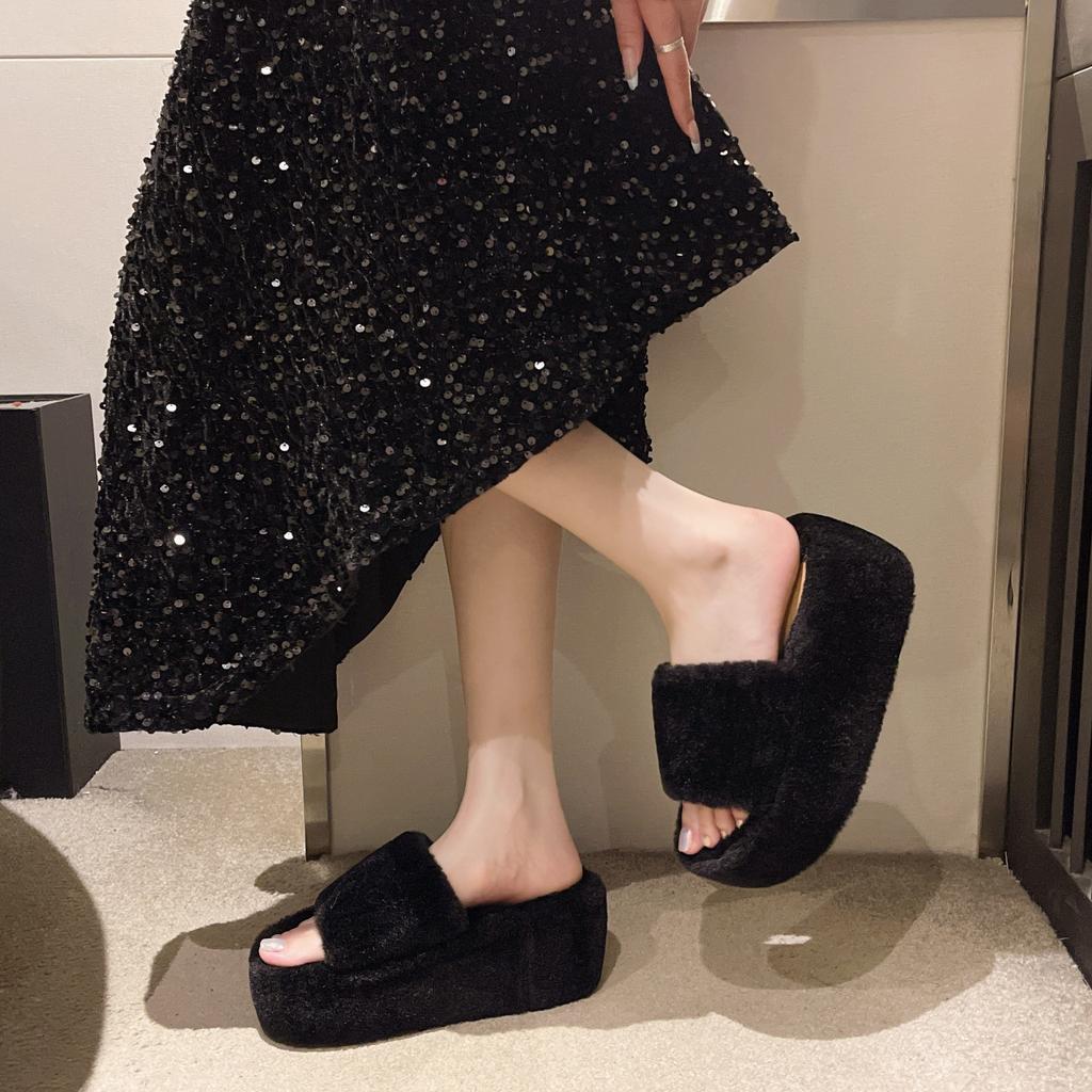 Small man thick bottom height increase 8cm fluffy slippers women 2024 autumn and winter wear Internet celebrity versatile muffin plush cotton mop