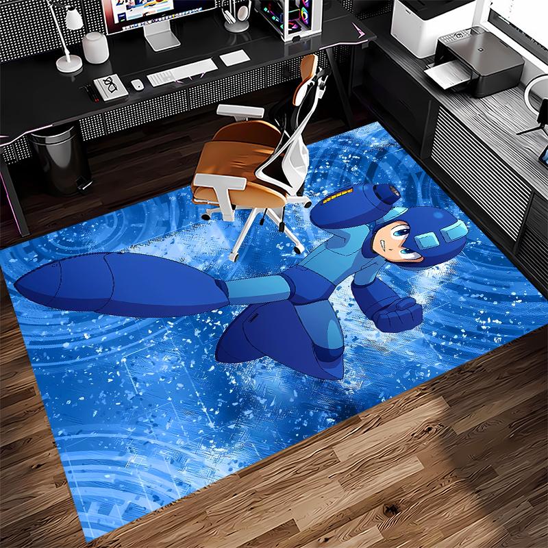 1pc Cartoon Rockman Game Megaman Print Area Rug - Soft, Washable Non-Slip Indoor Mat for Office Chairs, Living Room, Home Office Decorative Rug