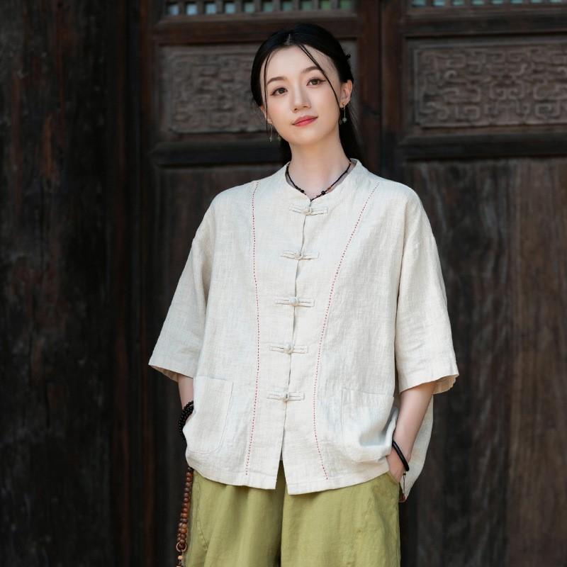 

Johnature Винтажные женские рубашки в китайском стиле, стойка, рукав до локтя, однотонные, осенние, на пуговицах, с вышивкой, свободного кроя One Size бежевый