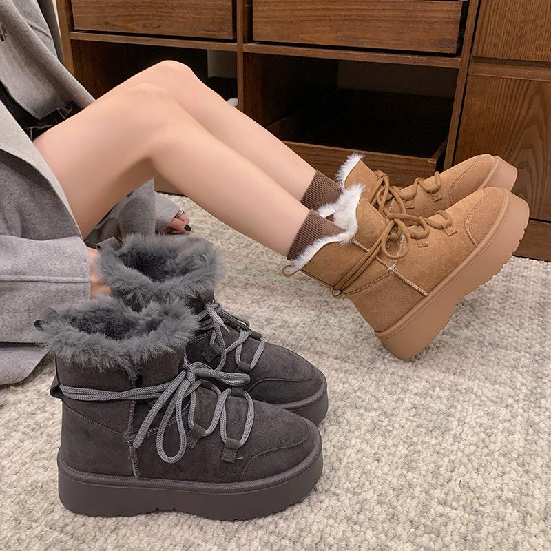 Women's one-step elastic thick sole winter fur one warm cold padded snow boots non-slip wear casual sports short cotton boots