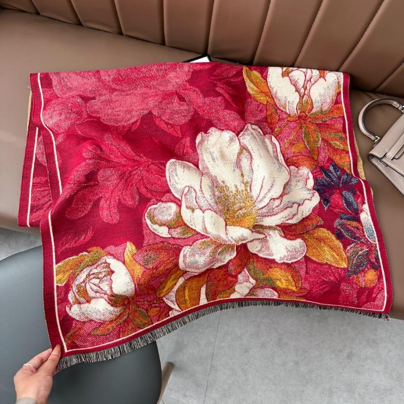 Women Elegant Versatile Fashion Thick Warm Flower Imitated Cashmere Scarf