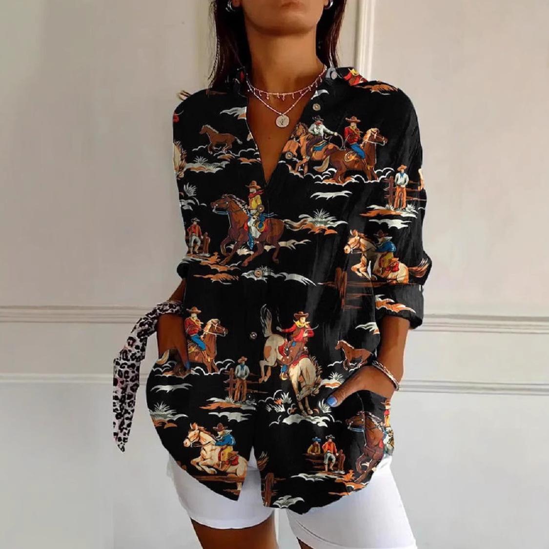 

Horse Pack Blouse Women Cool Horses Love Loose Blouses Summer Long-Sleeve Casual Shirt Clouse Big Size 5XL M чорний