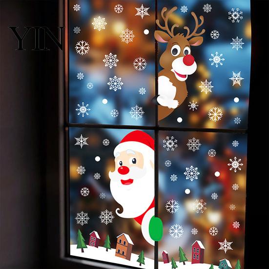 Christmas Window Decals 4Pcs Santa Claus & Reindeer Static Clings with Snowflake, PVC Removable Decals, Cling Snowflakes Reusable Glass Stickers