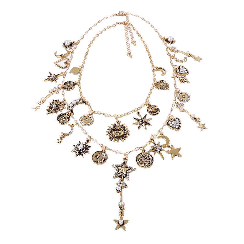 Personality trend retro light luxury style ancient gold alloy sun moon stars stacked chain necklace woman