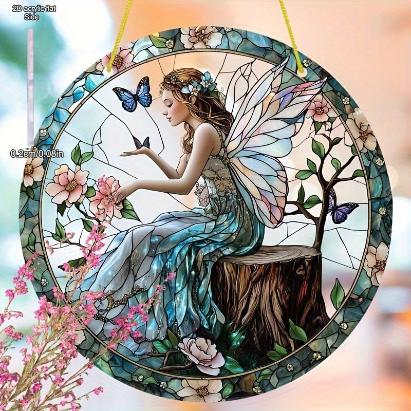 Bohemian Flower Fairy Sun Catcher - Vibrant Floral & Butterfly Acrylic Wall Art, Fairy Garden Decor for Outside, Whimsical Design, Nurseries, Vinta