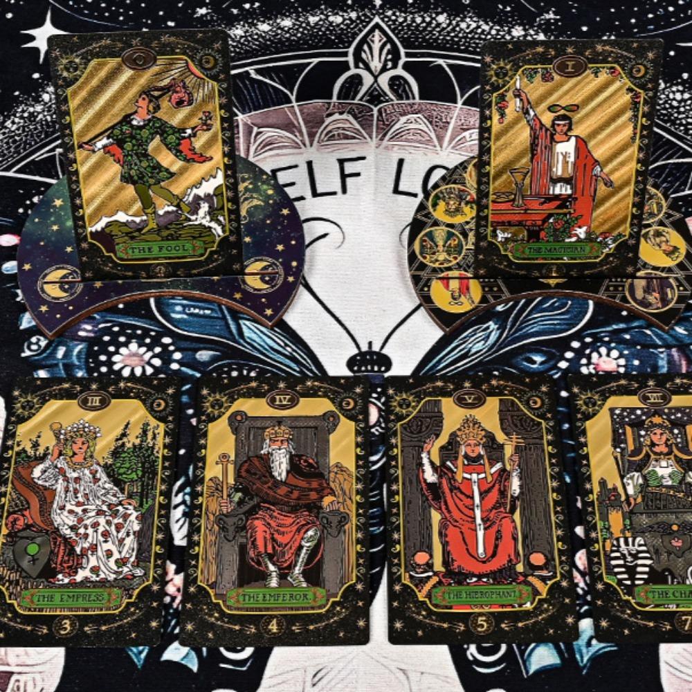 Black Gold Gilded Mystic Tarot Deck, Divination Tool with Luxury Finish 12*7cm 78 Pcs Waterproof Cards Based on Rider System