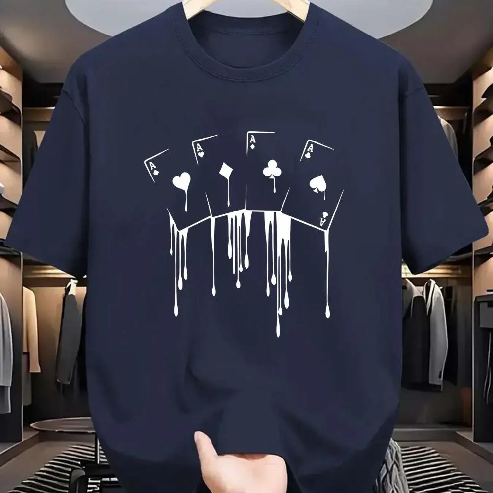Summer Men's 100 Cotton Casual Loose Plus Size Poker Card Pattern Printed Sports Comfortable Round Neck Short Sleeve T-shirt