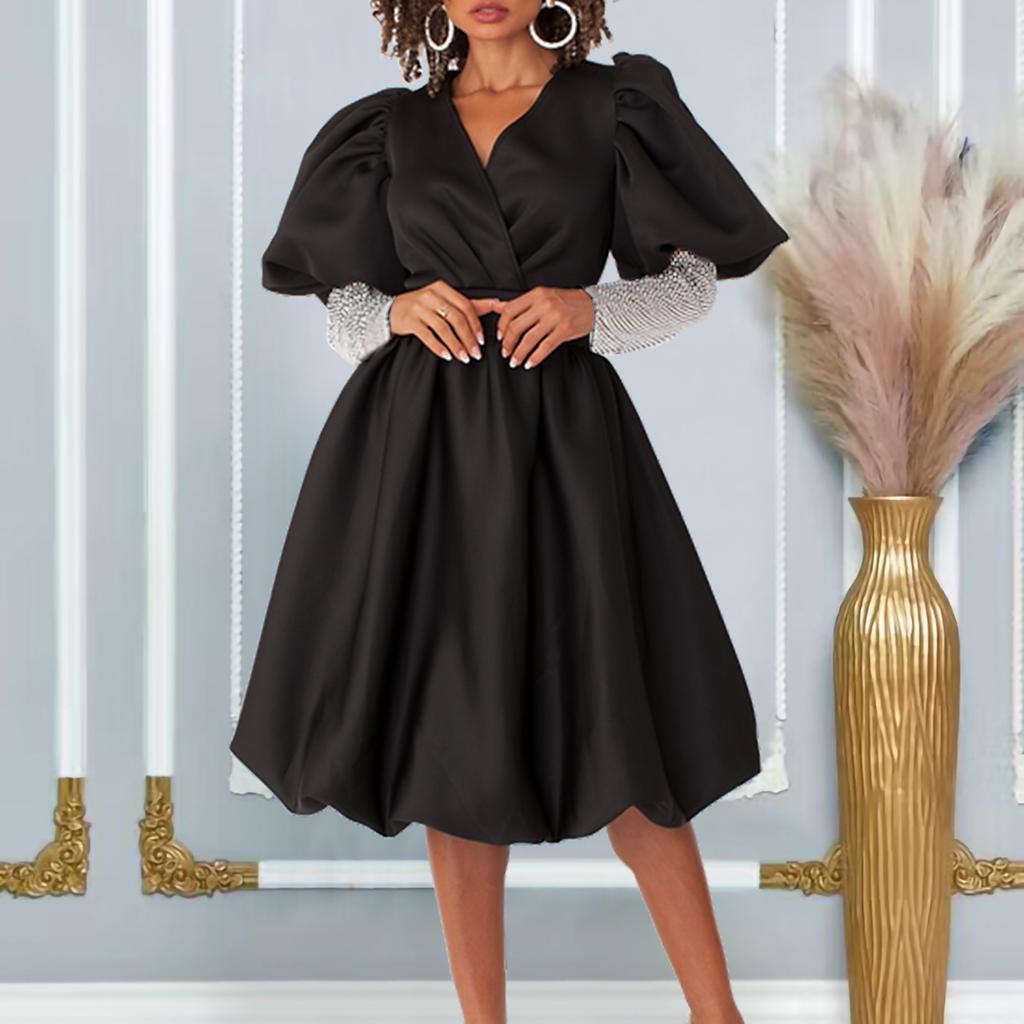 D495 Women's V-Neck Pendulum Bubble Sleeve Banquet Dress Bridesmaid Dress