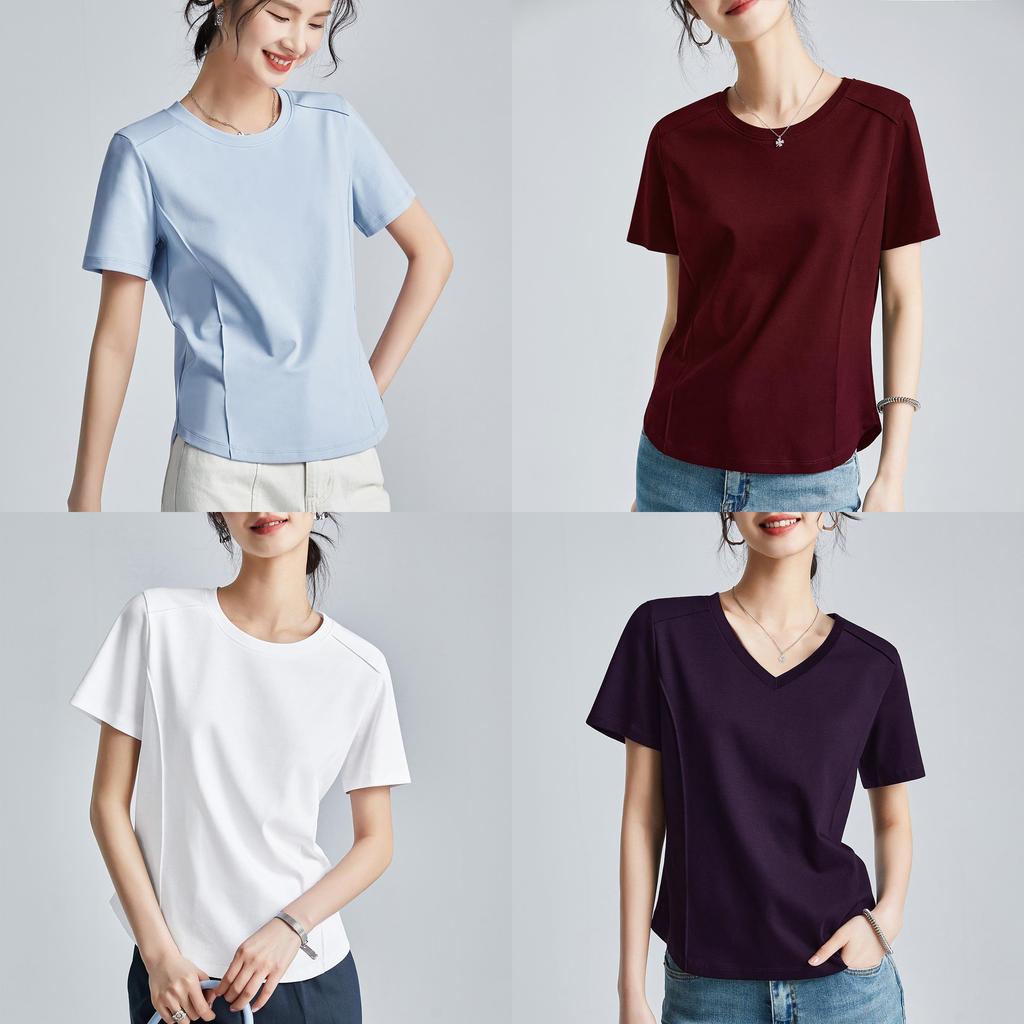 Camiseta de Manga Corta de Algodón y Seda para Mujer con Diseño de Empalme para Estilo Urbano Casual