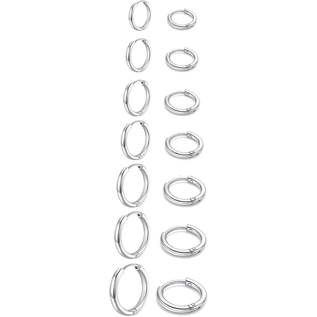 7 Paia di Orecchini in Acciaio Inossidabile 316L Orecchini a Cerchio Piccoli da Uomo Orecchini a Cerchio Placcati Oro 14K per Uomo Donna, Argento