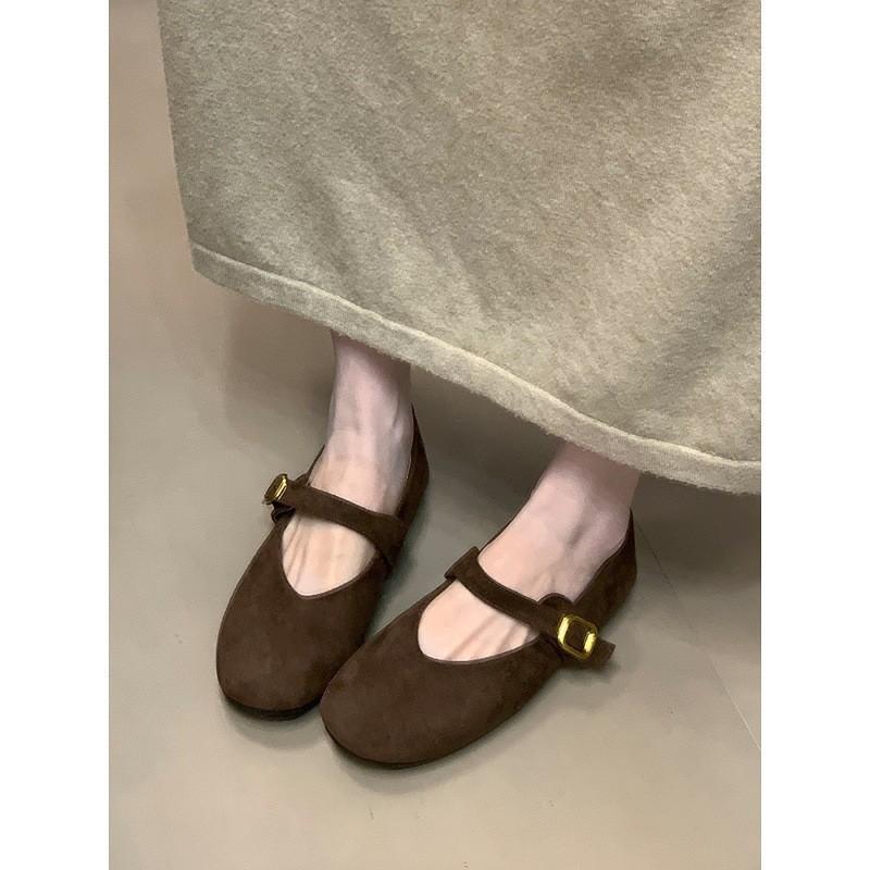 Suede one-word with shallow mouth single shoes, fairy style flat Mary Jane shoes