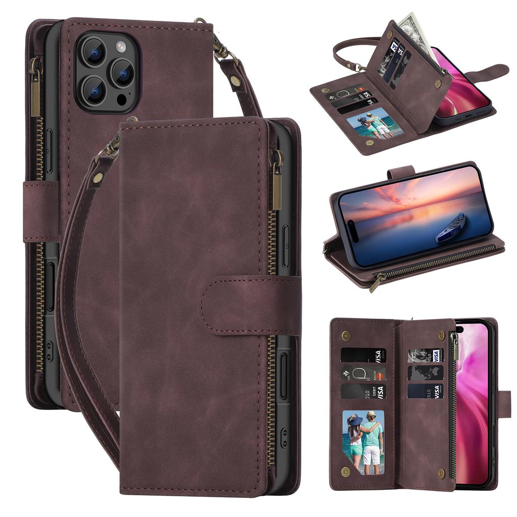 For iPhone 16 Pro Max Case Zipper Multi-Pocket Wallet Leather Phone Cover with Shoulder and Wrist Straps