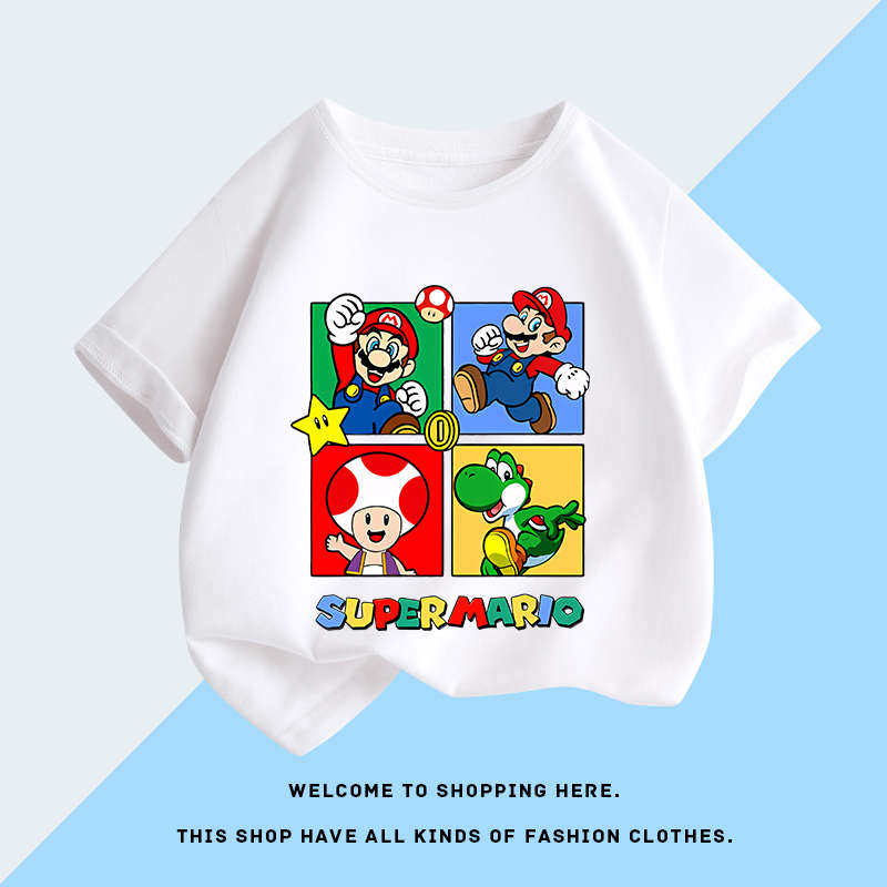 2026 Super Mario and Luigi Anime Childrens Cotton Shortsleeved Tshirt Cartoon Game Trendy Top for Boys Casual Short Sleeves