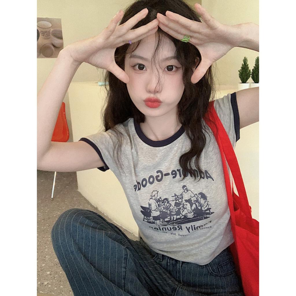 Women's Crew Neck Short Sleeve Slim Fit Letter Print Cropped Tee Casual Top