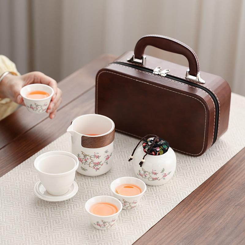 Dehua Ceramics Travel Business Trip Tea Set Fresh Wisteria Flower Ancient Rhyme Portable Car Tea Set Customized Gifts