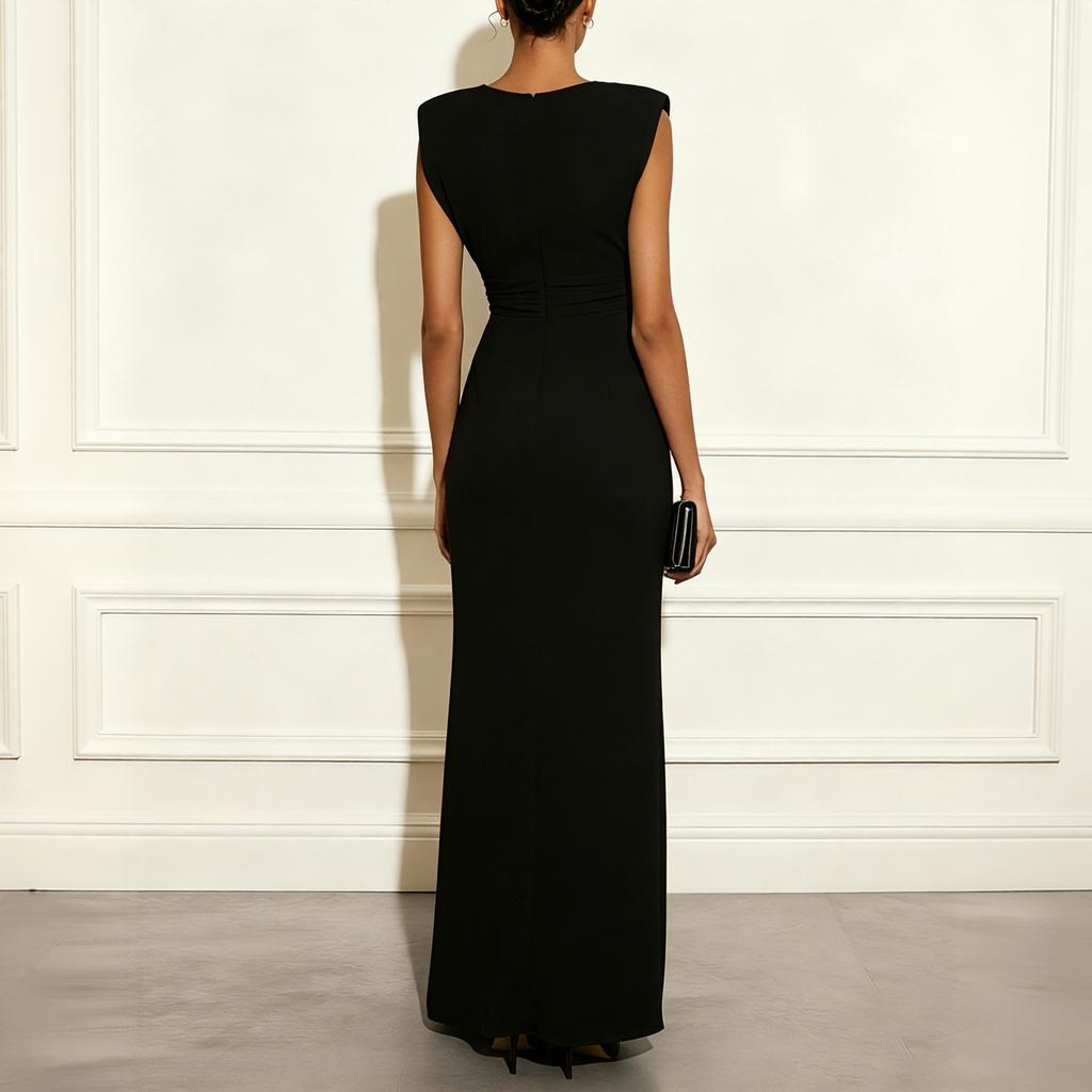 Women’s V Neck Sleeveless Maxi Dress Waist Cinched Slit Party Gown Evening Formal Dress Elegant Long Dress for Special Occasions