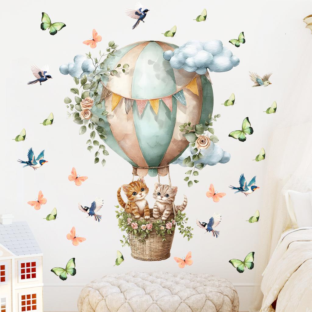 Watercolor Hot Air Balloon Cat Wall Sticker Butterfly Bird Plants Self-Adhesive Waterproof Removable Warm Home Decor