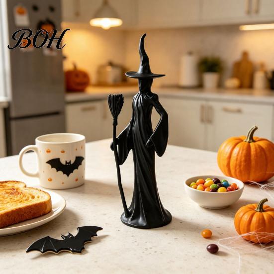 Office Desk Decoration Cute Witch Cat Resin Figurine, Halloween Garden Statue, Spooky Home Indoor Outdoor Yard Decor Ornaments for Patio Balcony