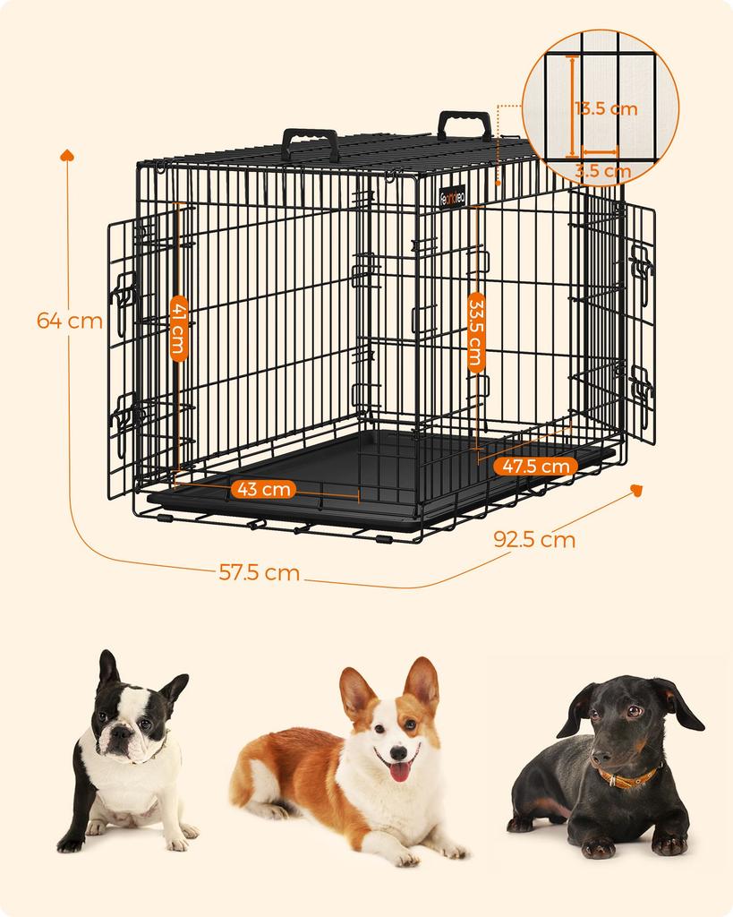 FEANDREA Dog Crate, Foldable, 92.5 cm Long, 2 Doors, L, Black