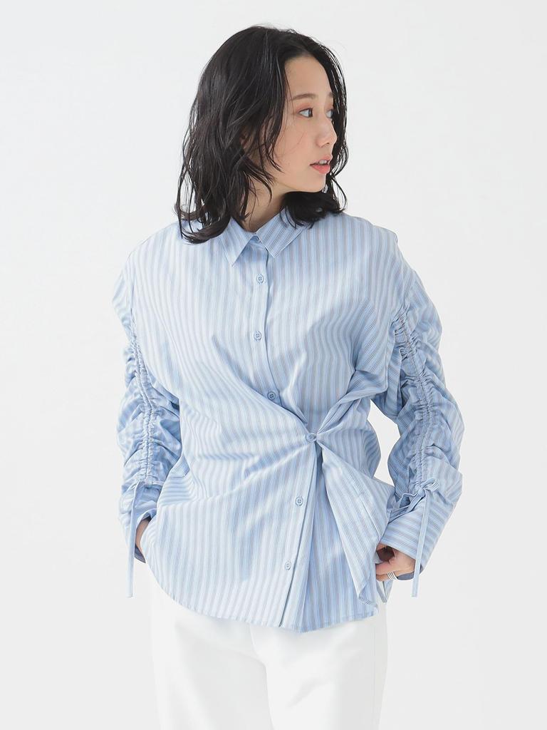 B:MING LIFE STORE by BEAMS Women's 2-Way Shirred Shirt, Blue, One Size, Large/Sized Shirt/Blouse